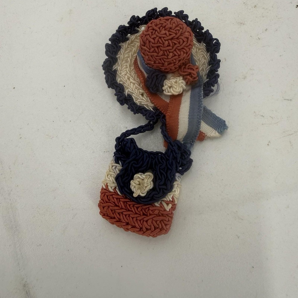 Vintage Soutache Lady Hat Purse Brooch Pin Novelty Textile Folk Art